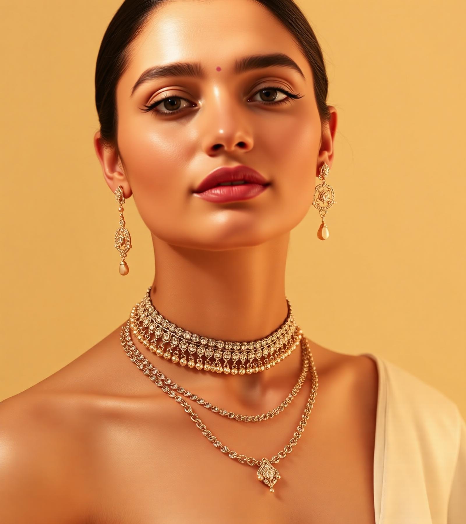 Model wearing D'ishq layered gold jewellery